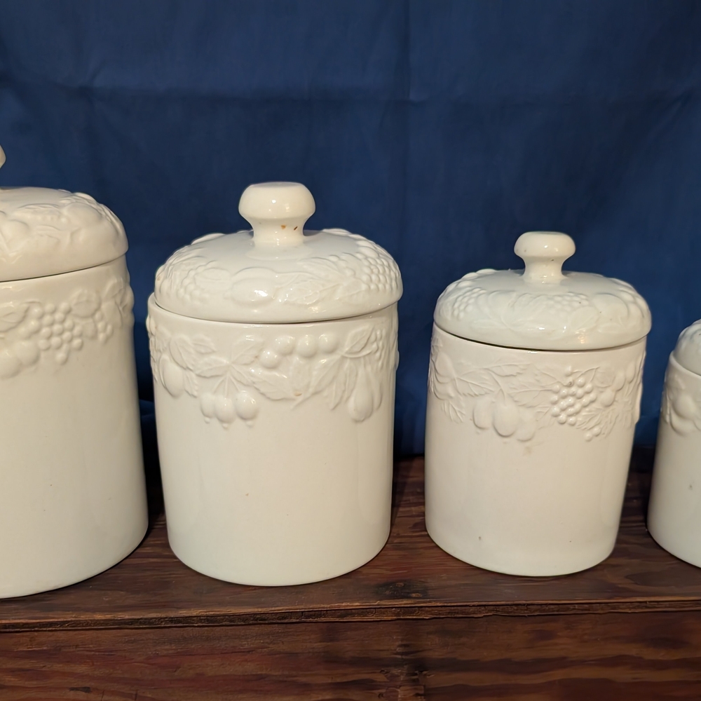 White Ceramic Glazed.Stoneware Fruit Embossed Canisters Set By GIBSON. Rare